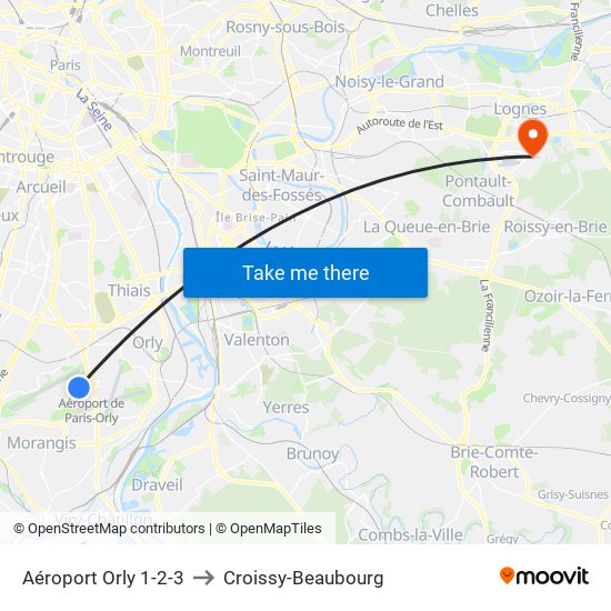 Aéroport Orly 1-2-3 to Croissy-Beaubourg map