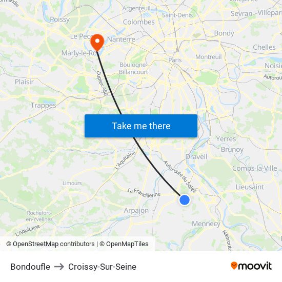 Bondoufle to Croissy-Sur-Seine map