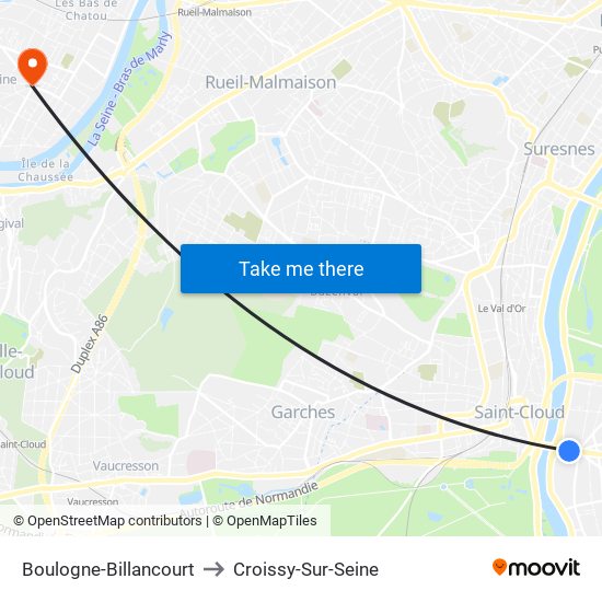 Boulogne-Billancourt to Croissy-Sur-Seine map