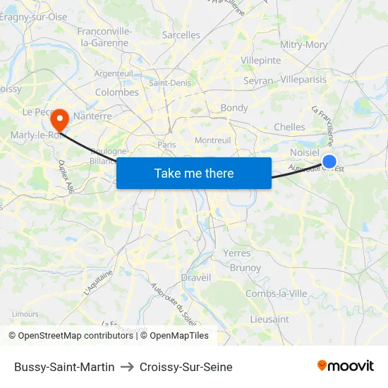 Bussy-Saint-Martin to Croissy-Sur-Seine map