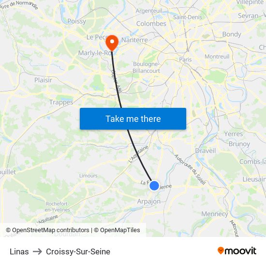 Linas to Croissy-Sur-Seine map