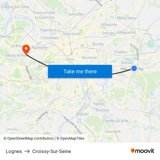 Lognes to Croissy-Sur-Seine map