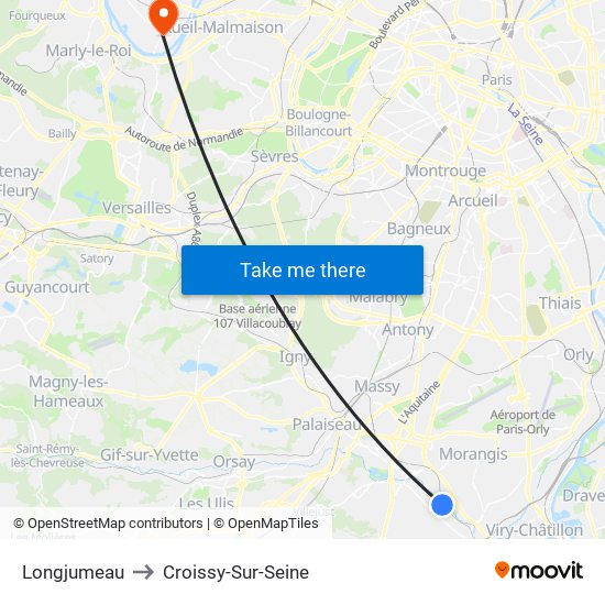 Longjumeau to Croissy-Sur-Seine map