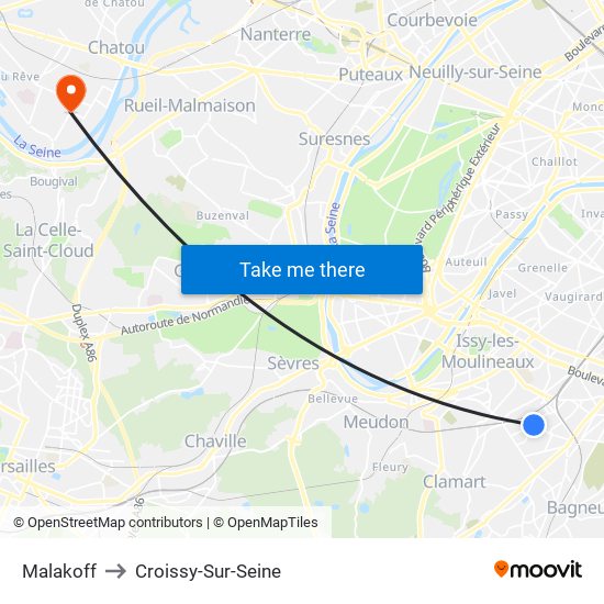 Malakoff to Croissy-Sur-Seine map