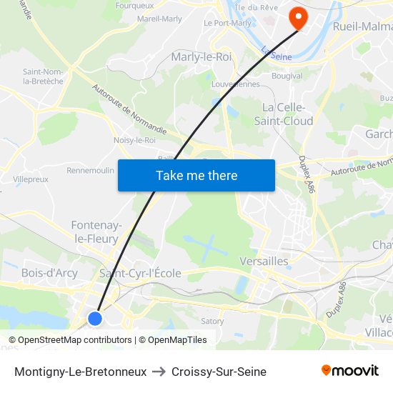 Montigny-Le-Bretonneux to Croissy-Sur-Seine map