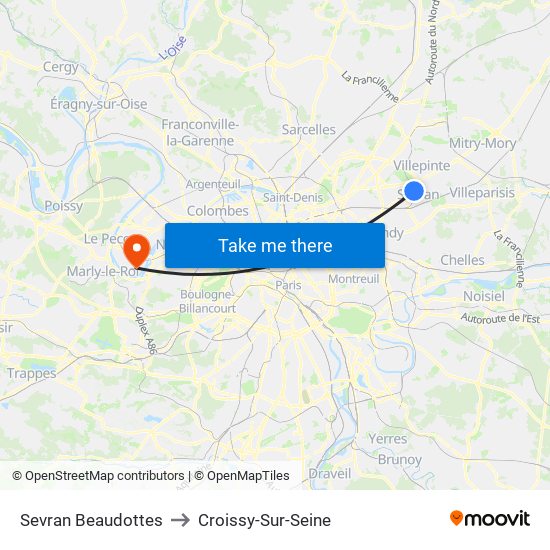 Sevran Beaudottes to Croissy-Sur-Seine map