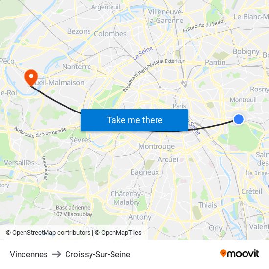 Vincennes to Croissy-Sur-Seine map