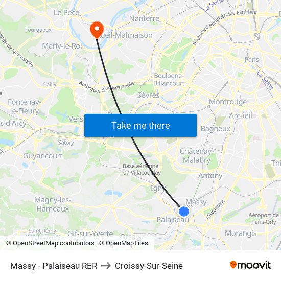 Massy - Palaiseau RER to Croissy-Sur-Seine map