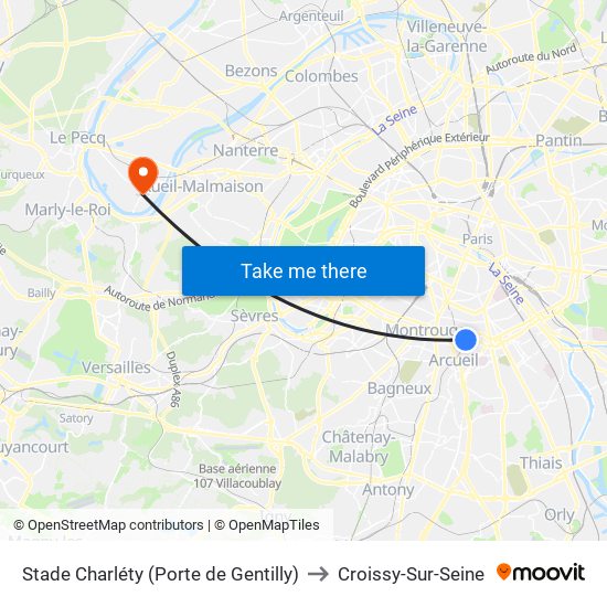 Stade Charléty (Porte de Gentilly) to Croissy-Sur-Seine map