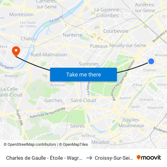 Charles de Gaulle - Étoile - Wagram to Croissy-Sur-Seine map