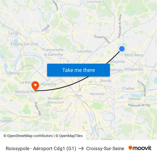 Roissypole - Aéroport Cdg1 (G1) to Croissy-Sur-Seine map