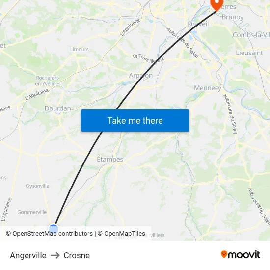 Angerville to Crosne map