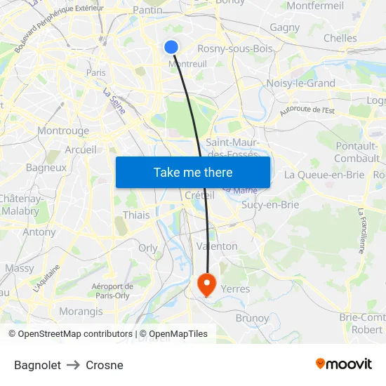 Bagnolet to Crosne map