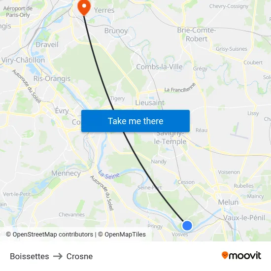Boissettes to Crosne map