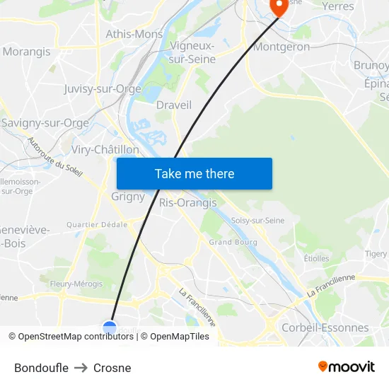 Bondoufle to Crosne map