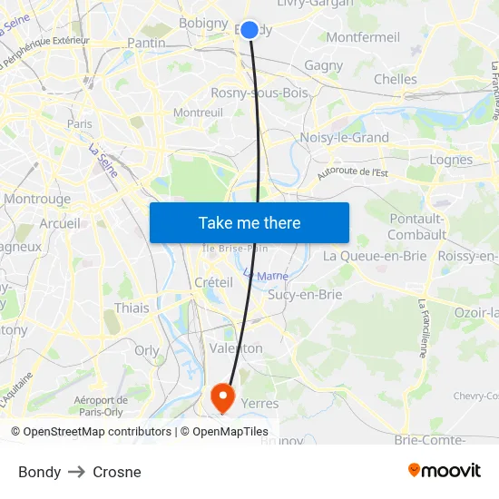 Bondy to Crosne map