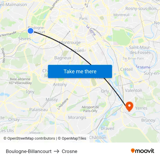 Boulogne-Billancourt to Crosne map
