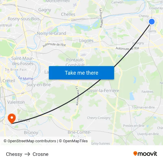 Chessy to Crosne map