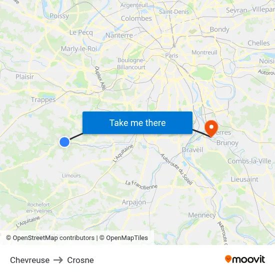 Chevreuse to Crosne map