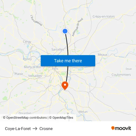 Coye-La-Foret to Crosne map