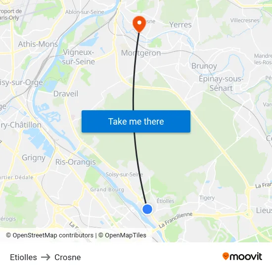 Etiolles to Crosne map