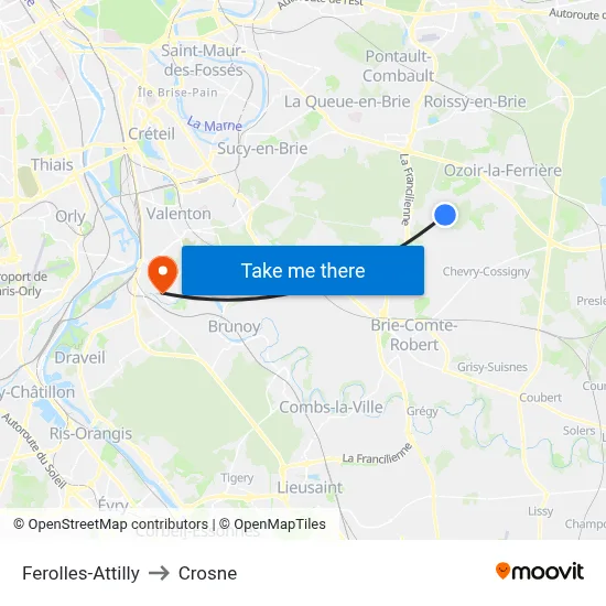 Ferolles-Attilly to Crosne map
