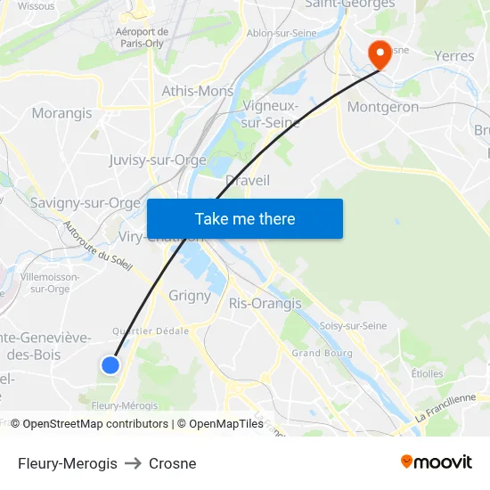 Fleury-Merogis to Crosne map