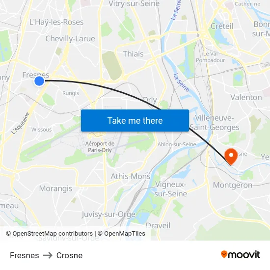Fresnes to Crosne map