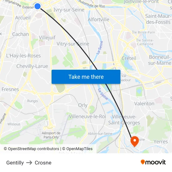 Gentilly to Crosne map