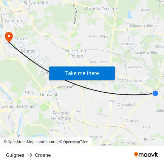 Guignes to Crosne map