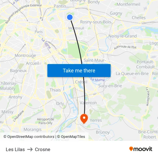 Les Lilas to Crosne map