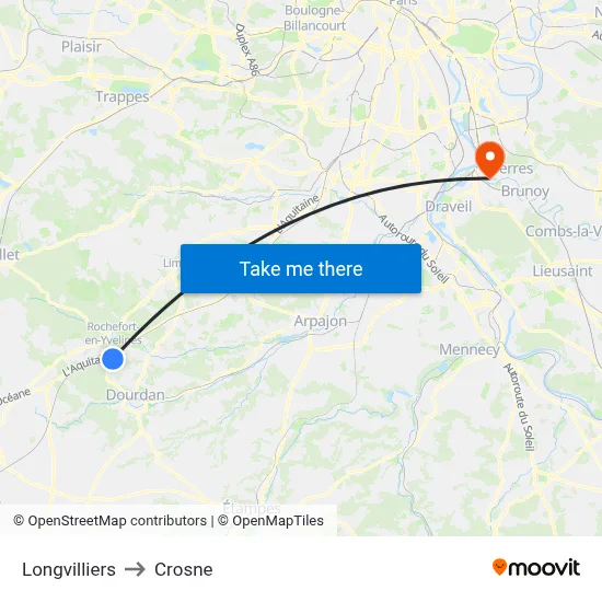 Longvilliers to Crosne map