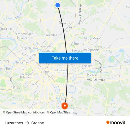 Luzarches to Crosne map