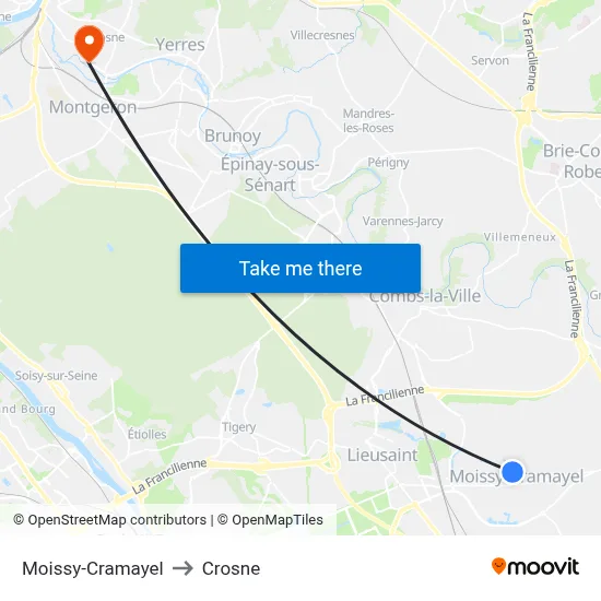 Moissy-Cramayel to Crosne map