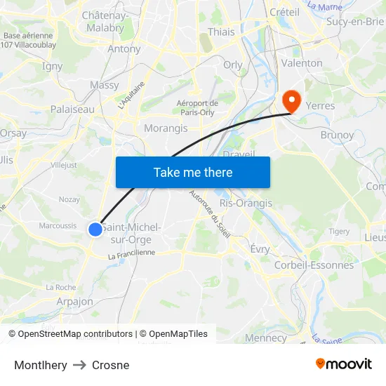Montlhery to Crosne map
