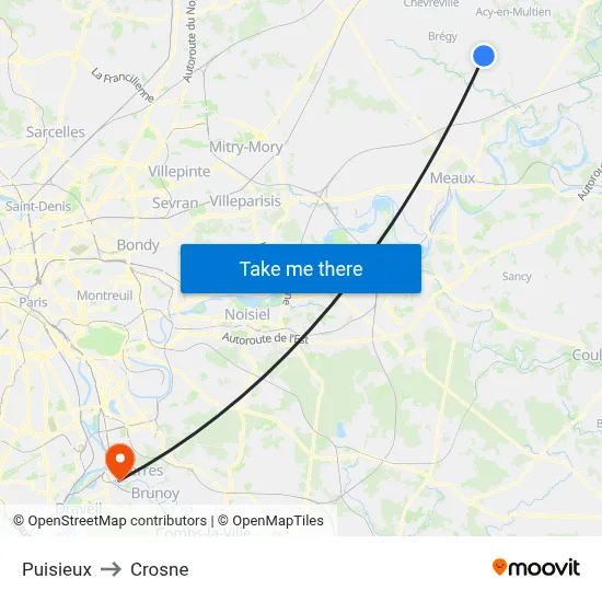 Puisieux to Crosne map