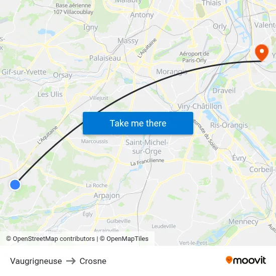 Vaugrigneuse to Crosne map