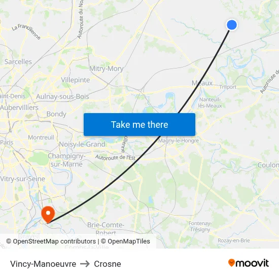 Vincy-Manoeuvre to Crosne map