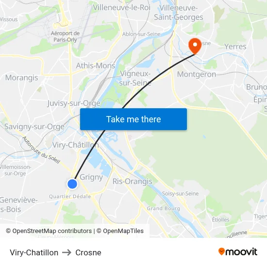 Viry-Chatillon to Crosne map