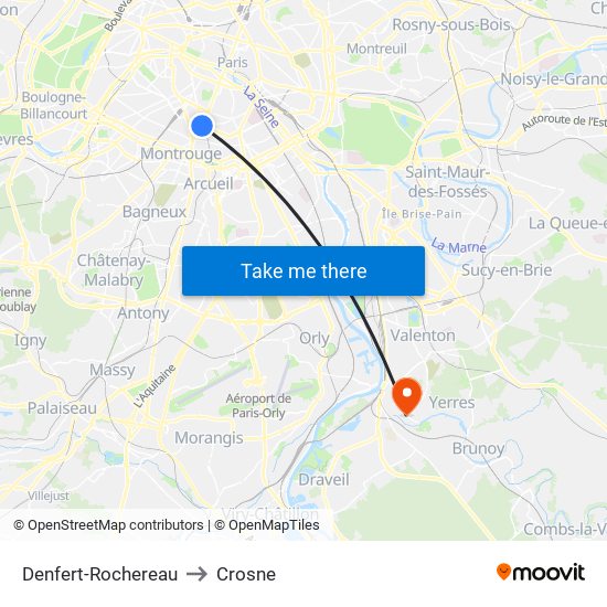 Denfert-Rochereau to Crosne map