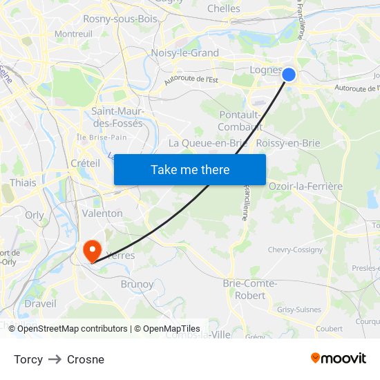 Torcy to Crosne map