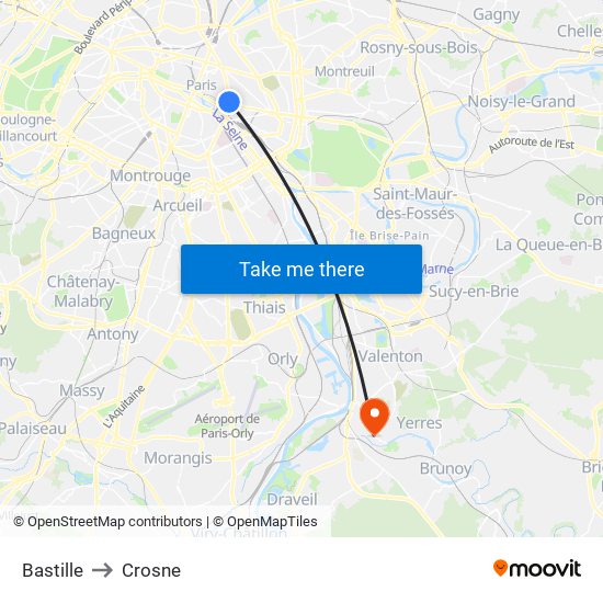 Bastille to Crosne map