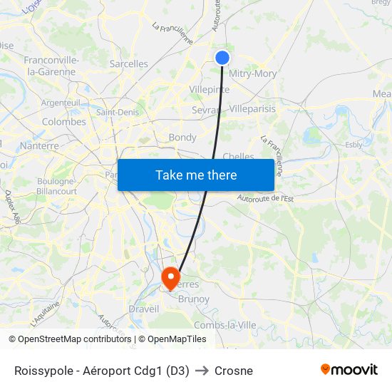 Roissypole - Aéroport Cdg1 (D3) to Crosne map