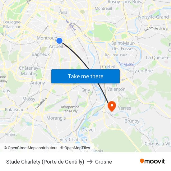 Stade Charléty (Porte de Gentilly) to Crosne map