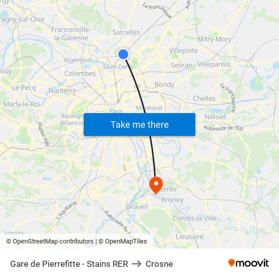 Gare de Pierrefitte - Stains RER to Crosne map