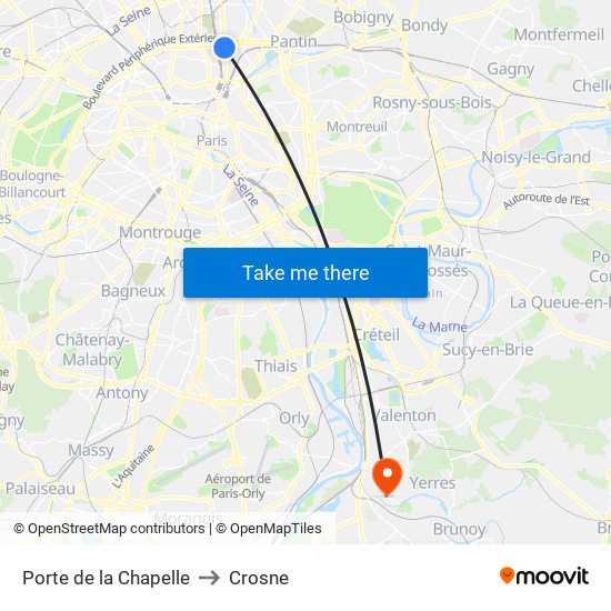Porte de la Chapelle to Crosne map