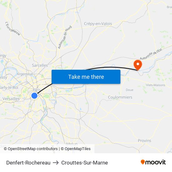 Denfert-Rochereau to Crouttes-Sur-Marne map