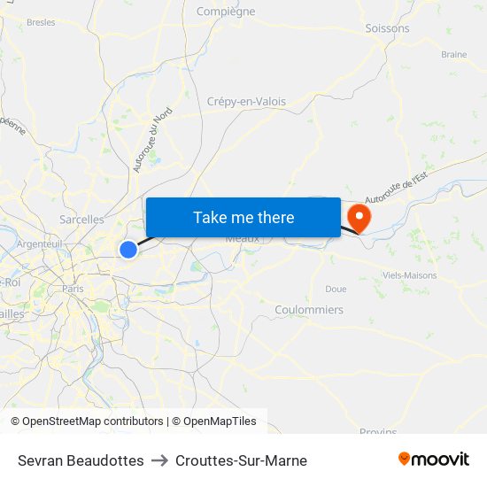 Sevran Beaudottes to Crouttes-Sur-Marne map