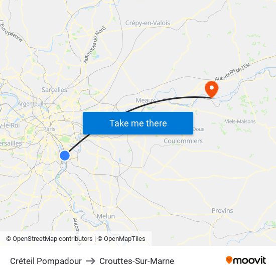Créteil Pompadour to Crouttes-Sur-Marne map