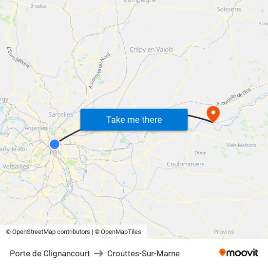 Porte de Clignancourt to Crouttes-Sur-Marne map